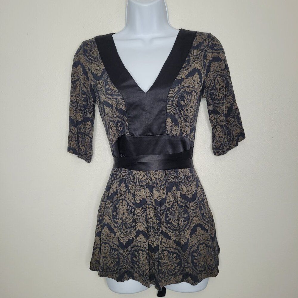Vintage y2k black brown boho babydoll satin trim tie back party going out top xs